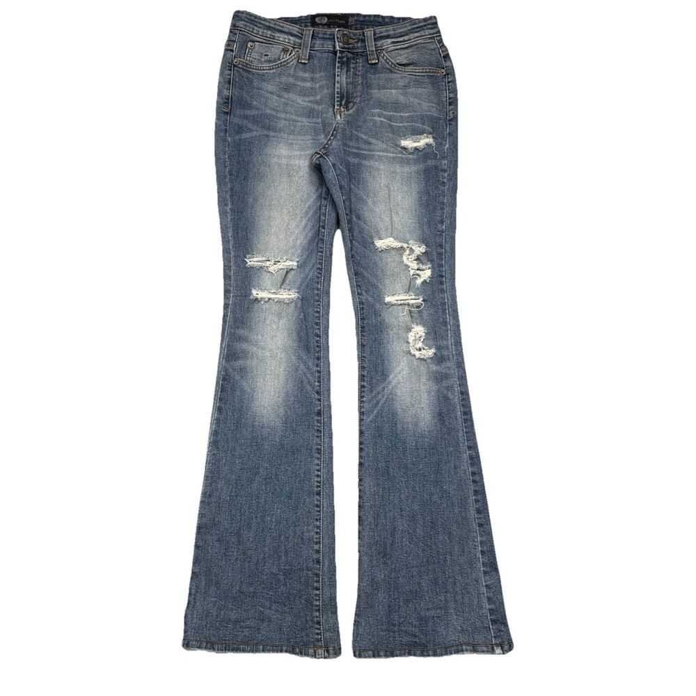 Jet John Eshaya Flare Jeans 4/6 (27x30.5) Hemmed Distressed Blue Stretch Womens